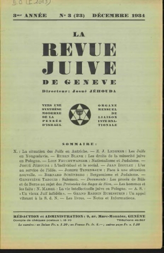 La Revue Juive de Genève. Vol. 3 n° 3 fasc. 23 (décembre 1934)